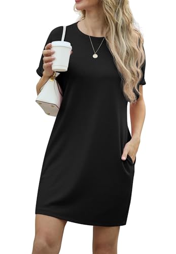 GRECERELLE Kleider Damen Sommer Kurzarm Strandkleid A-Linie Elegant Rundhals Sommerkleider mit Taschen Einfarbig Summer Dress Tshirt Kleid Leicht und Luftig Freizeitkleider (Schwarz, XXL) von GRECERELLE