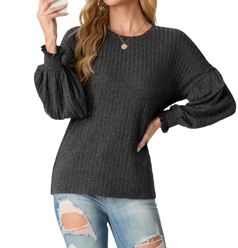 GRECERELLE Pullover Sweatshirt Oberteile Damen Herbst Winter Elegant Strickpullover Rundhalsausschnitt Laterne Langarm Tops für Damen (Dunkelgrau,XXL) von GRECERELLE