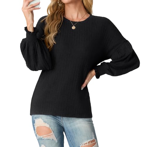 GRECERELLE Pullover Sweatshirt Oberteile Damen Herbst Winter Elegant Strickpullover Rundhalsausschnitt Laterne Langarm Tops für Damen (Schwarz,L) von GRECERELLE