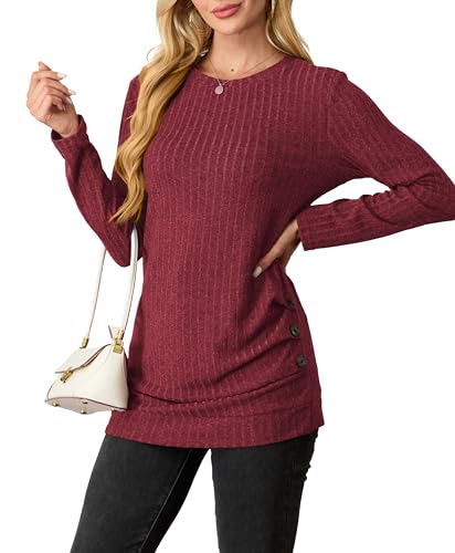 GRECERELLE Langarmshirt Damen Sweatshirt Elegant Casual Rundhals Oberteile Tunika Tops Lässige T-Shirt Herbst Winter (Rot, L) von GRECERELLE