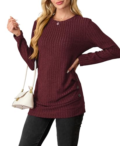 GRECERELLE Langarmshirt Damen Sweatshirt Elegant Casual Rundhals Oberteile Tunika Tops Lässige T-Shirt Herbst Winter (Weinrot, L) von GRECERELLE