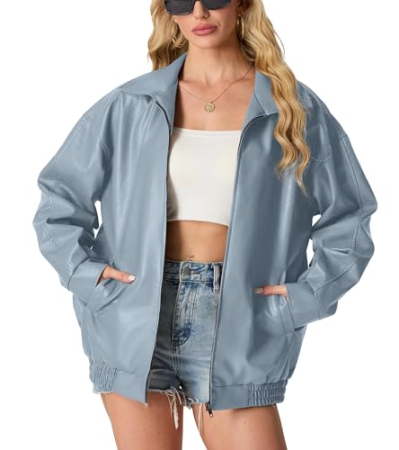 GRECERELLE Lederjacke Damen Kunstlederjacke Reverskragen Lange Ärmel Übergangsjacke Reißverschluss Bikerjacke Damen Lässig Motorrad Jacke Frauen (Nebliges Blau,M) von GRECERELLE
