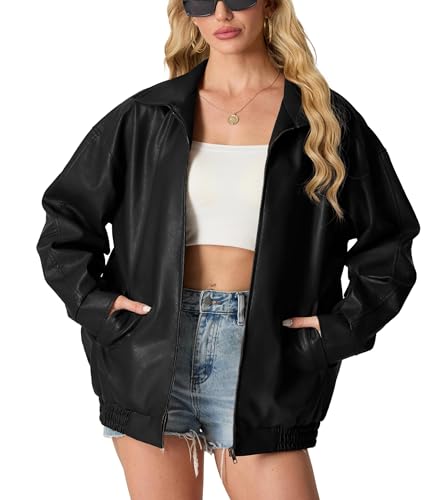 GRECERELLE Lederjacke Damen Kunstlederjacke Reverskragen Lange Ärmel Übergangsjacke Reißverschluss Bikerjacke Damen Lässig Motorrad Jacke Frauen (Schwarz,XXL) von GRECERELLE