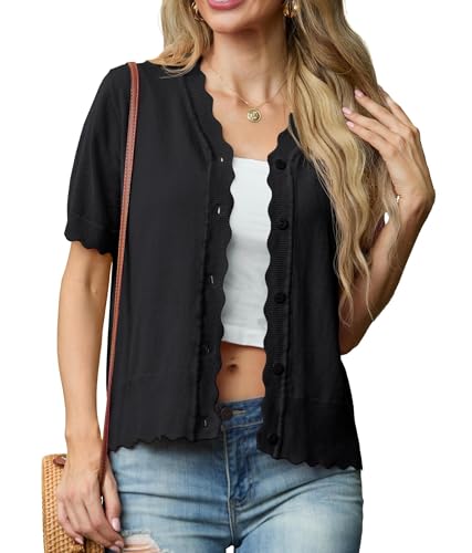 GRECERELLE Strickjacke Damen Elegant Sommer Lässig Kurzarm Strickjacken Bolero für Damen Cardigan mit Wellenschliff V-Ausschnitt Knöpfen (Schwarz, L) von GRECERELLE