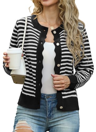 GRECERELLE Leichte Strickjacke Damen Rundhals Knopf Cardigan Langarm Gestreifte Lässig Lose Cardigan (Schwarz Weiß Gestreift, XXL) von GRECERELLE
