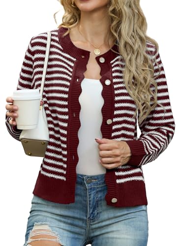 GRECERELLE Leichte Strickjacke Damen Rundhals Knopf Cardigan Langarm Gestreifte Lässig Lose Cardigan (Wind Rot Weiß Gestreift, M) von GRECERELLE