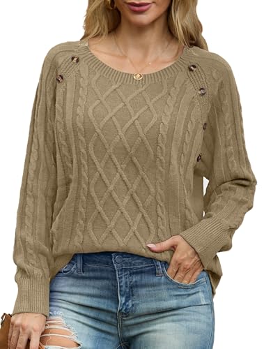 GRECERELLE Pullover Damen Elegant Strick Winter Klassische Langarm Rundhals Tops Strickpullover Damen Sweater Herbst (Khaki, L) von GRECERELLE