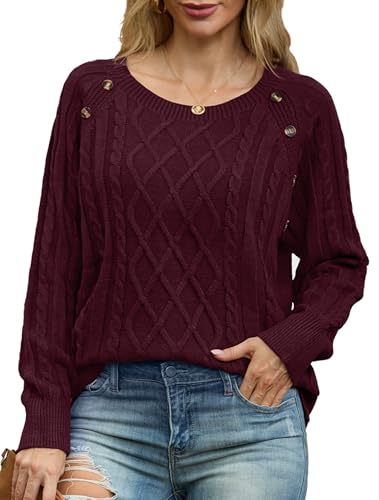 GRECERELLE Pullover Damen Elegant Strick Winter Klassische Langarm Rundhals Tops Strickpullover Damen Sweater Herbst (Weinrot, XL) von GRECERELLE
