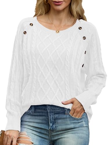 GRECERELLE Pullover Damen Elegant Strick Winter Klassische Langarm Rundhals Tops Strickpullover Damen Sweater Herbst (Weiß, L) von GRECERELLE