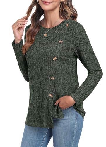GRECERELLE Pullover Damen Herbst Oberteile Winter Langarm Rundhalsausschnitt Leichte Tunika mit Knopfleiste und Schlitz (Armeegrün, XL) von GRECERELLE