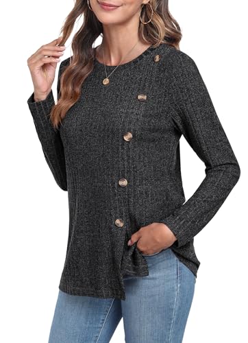GRECERELLE Pullover Damen Herbst Oberteile Winter Langarm Rundhalsausschnitt Leichte Tunika mit Knopfleiste und Schlitz (Dunkelgrau, M) von GRECERELLE