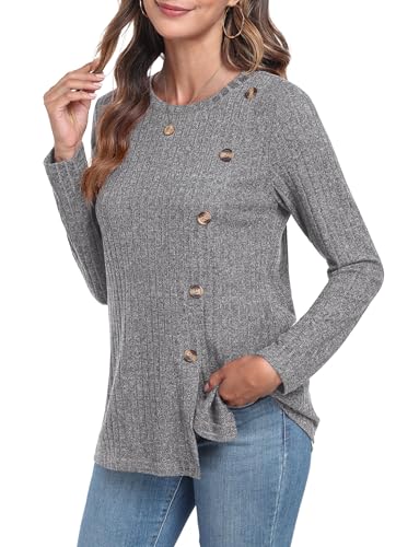 GRECERELLE Pullover Damen Herbst Oberteile Winter Langarm Rundhalsausschnitt Leichte Tunika mit Knopfleiste und Schlitz (Hell Grau, M) von GRECERELLE