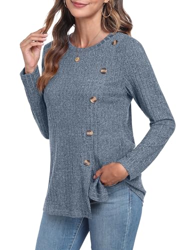 GRECERELLE Pullover Damen Herbst Oberteile Winter Langarm Rundhalsausschnitt Leichte Tunika mit Knopfleiste und Schlitz (Hellblau, M) von GRECERELLE