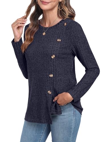 GRECERELLE Pullover Damen Herbst Oberteile Winter Langarm Rundhalsausschnitt Leichte Tunika mit Knopfleiste und Schlitz (Marineblau, M) von GRECERELLE