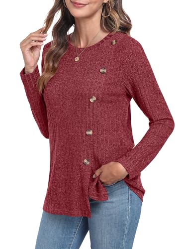 GRECERELLE Pullover Damen Herbst Oberteile Winter Langarm Rundhalsausschnitt Leichte Tunika mit Knopfleiste und Schlitz (Rot, XL) von GRECERELLE