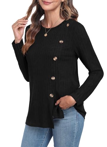 GRECERELLE Pullover Damen Herbst Oberteile Winter Langarm Rundhalsausschnitt Leichte Tunika mit Knopfleiste und Schlitz (Schwarz, XL) von GRECERELLE