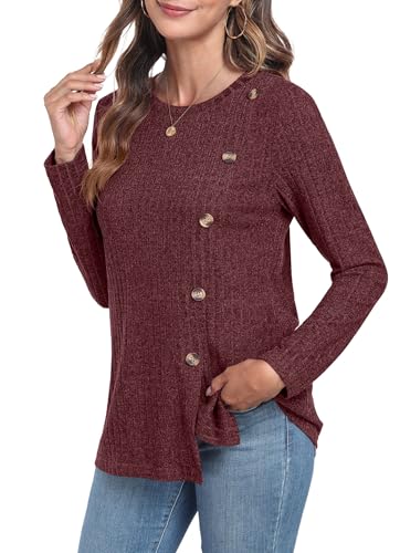 GRECERELLE Pullover Damen Herbst Oberteile Winter Langarm Rundhalsausschnitt Leichte Tunika mit Knopfleiste und Schlitz (Weinrot, M) von GRECERELLE