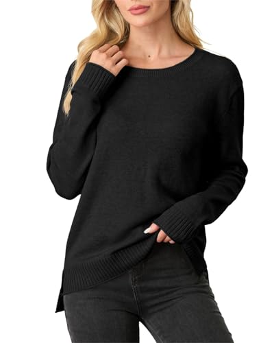 GRECERELLE Pullover Damen Winter Langarm Elegant Leichter Rundhals Pulli Herbst Strickpullover Seitenspaltung Oberteile Sweatshirts für Damen (Schwarz,S) von GRECERELLE