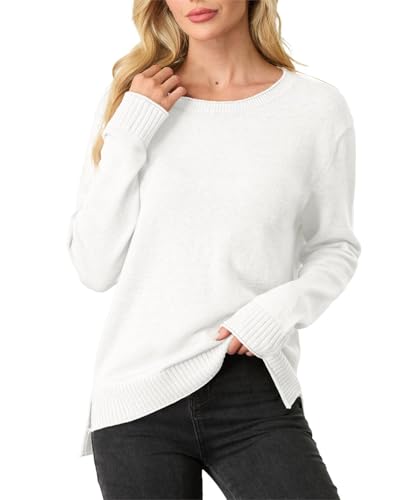 GRECERELLE Pullover Damen Winter Langarm Elegant Leichter Rundhals Pulli Herbst Strickpullover Seitenspaltung Oberteile Sweatshirts für Damen (Weiß,L) von GRECERELLE