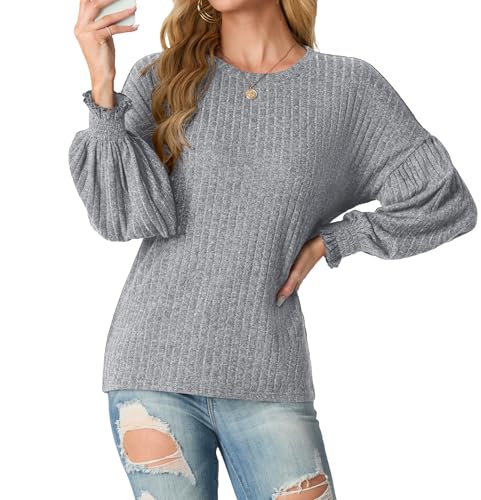 GRECERELLE Pullover Sweatshirt Oberteile Damen Herbst Winter Elegant Strickpullover Rundhalsausschnitt Laterne Langarm Tops für Damen (Hellgrau,L) von GRECERELLE