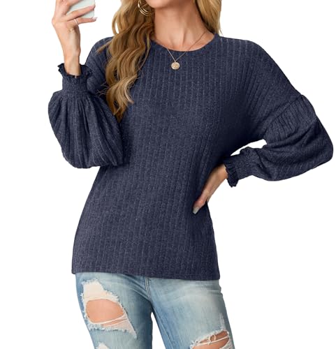 GRECERELLE Pullover Sweatshirt Oberteile Damen Herbst Winter Elegant Strickpullover Rundhalsausschnitt Laterne Langarm Tops für Damen (Marineblau,L) von GRECERELLE