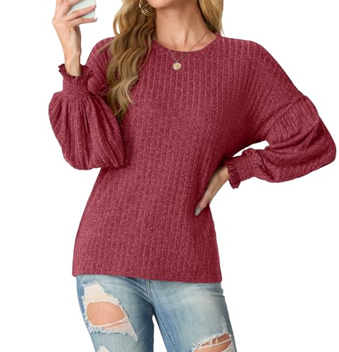 GRECERELLE Pullover Sweatshirt Oberteile Damen Herbst Winter Elegant Strickpullover Rundhalsausschnitt Laterne Langarm Tops für Damen (Rot,L) von GRECERELLE