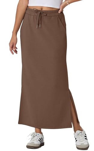 GRECERELLE Rock Damen Lang Elegant Knitterfrei Sommer Röcke A-Linie Elastische Hohe Taille Maxirock Maxi Skirt mit Taschen Kordelzug Schlitz (Espresso, XL) von GRECERELLE