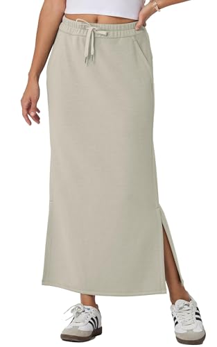 GRECERELLE Rock Damen Lang Elegant Knitterfrei Sommer Röcke A-Linie Elastische Hohe Taille Maxirock Maxi Skirt mit Taschen Kordelzug Schlitz (Farbe Eiche, L) von GRECERELLE