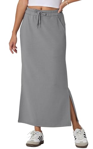 GRECERELLE Rock Damen Lang Elegant Knitterfrei Sommer Röcke A-Linie Elastische Hohe Taille Maxirock Maxi Skirt mit Taschen Kordelzug Schlitz (Grau, XL) von GRECERELLE