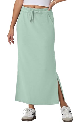 GRECERELLE Rock Damen Lang Elegant Knitterfrei Sommer Röcke A-Linie Elastische Hohe Taille Maxirock Maxi Skirt mit Taschen Kordelzug Schlitz (Grüne Traube, L) von GRECERELLE