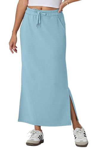 GRECERELLE Rock Damen Lang Elegant Knitterfrei Sommer Röcke A-Linie Elastische Hohe Taille Maxirock Maxi Skirt mit Taschen Kordelzug Schlitz (Himmelblau, M) von GRECERELLE