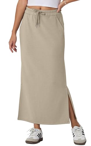 GRECERELLE Rock Damen Lang Elegant Knitterfrei Sommer Röcke A-Linie Elastische Hohe Taille Maxirock Maxi Skirt mit Taschen Kordelzug Schlitz (Khaki, XL) von GRECERELLE