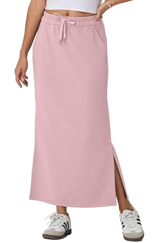 GRECERELLE Rock Damen Lang Elegant Knitterfrei Sommer Röcke A-Linie Elastische Hohe Taille Maxirock Maxi Skirt mit Taschen Kordelzug Schlitz (Rose Rosa, M) von GRECERELLE