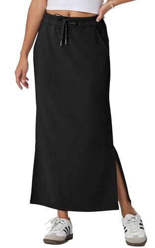 GRECERELLE Rock Damen Lang Elegant Knitterfrei Sommer Röcke A-Linie Elastische Hohe Taille Maxirock Maxi Skirt mit Taschen Kordelzug Schlitz (Schwarz, S) von GRECERELLE