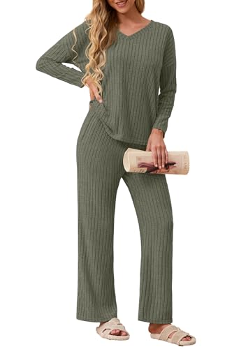 GRECERELLE Schlafanzug Damen Loungewear Pyjama Set Zweiteiler Elegant Gerippt Homewear Herbst Outfit Lose Langarm Oberteile + Weitem Bein Hosen Sets (Armeegrün, L) von GRECERELLE