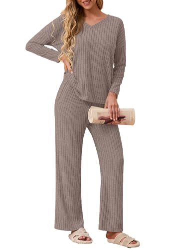GRECERELLE Schlafanzug Damen Loungewear Pyjama Set Zweiteiler Elegant Gerippt Homewear Herbst Outfit Lose Langarm Oberteile + Weitem Bein Hosen Sets (Braun, S) von GRECERELLE