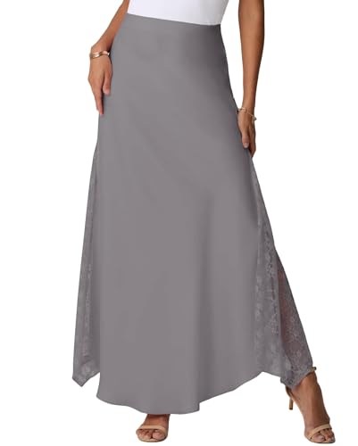 GRECERELLE Sommer Maxi Rock Damen Satin Lang Hohe Taille Seide mit Zipper, Seitliche Spitzenapplikation, Elegant Maxirock A-Linie Midi Business Röcke (Dunkel Grau, XL) von GRECERELLE