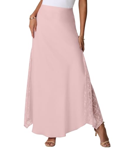 GRECERELLE Sommer Maxi Rock Damen Satin Lang Hohe Taille Seide mit Zipper, Seitliche Spitzenapplikation, Elegant Maxirock A-Linie Midi Business Röcke (Hellrosa, S) von GRECERELLE