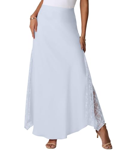 GRECERELLE Sommer Maxi Rock Damen Satin Lang Hohe Taille Seide mit Zipper, Seitliche Spitzenapplikation, Elegant Maxirock A-Linie Midi Business Röcke (Himmelblau, M) von GRECERELLE