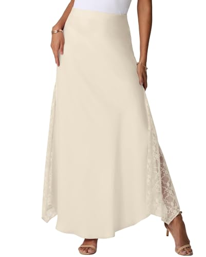 GRECERELLE Sommer Maxi Rock Damen Satin Lang Hohe Taille Seide mit Zipper, Seitliche Spitzenapplikation, Elegant Maxirock A-Linie Midi Business Röcke (Lichtes Apricot, L) von GRECERELLE