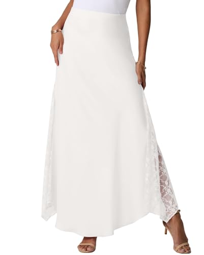 GRECERELLE Sommer Maxi Rock Damen Satin Lang Hohe Taille Seide mit Zipper, Seitliche Spitzenapplikation, Elegant Maxirock A-Linie Midi Business Röcke (Schnee, S) von GRECERELLE