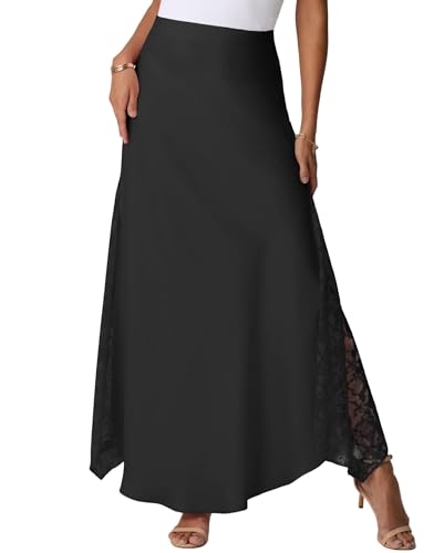 GRECERELLE Sommer Maxi Rock Damen Satin Lang Hohe Taille Seide mit Zipper, Seitliche Spitzenapplikation, Elegant Maxirock A-Linie Midi Business Röcke (Schwarz, L) von GRECERELLE