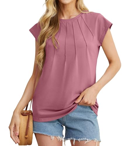 GRECERELLE Sommerbluse Tshirt Damen Rundhals Mit Falten Tunika Damen lässig Elegant T-Shirt Baumwolle Tops Kappe Ärmel Plissiert (Mauve, XL) von GRECERELLE