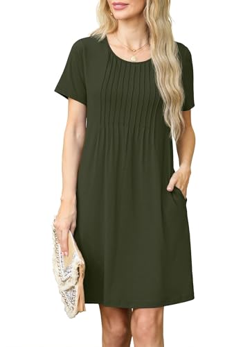 GRECERELLE Sommerkleid Damen Kurzarm Rundhals Elegant Etuikleider Lässige Minikleid Kleid Dresses Leichte Kurze Freizeitkleid Strandkleid mit Taschen (Armeegrün, XXL) von GRECERELLE