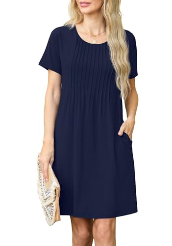GRECERELLE Sommerkleid Damen Kurzarm Rundhals Elegant Etuikleider Lässige Minikleid Kleid Dresses Leichte Kurze Freizeitkleid Strandkleid mit Taschen (Marineblau, L) von GRECERELLE