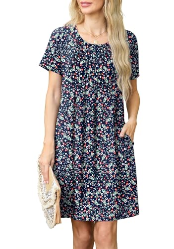 GRECERELLE Sommerkleid Damen Kurzarm Rundhals Elegant Etuikleider Lässige Minikleid Kleid Dresses Leichte Kurze Freizeitkleid Strandkleid mit Taschen (Marineblau mit weißer Blume, M) von GRECERELLE