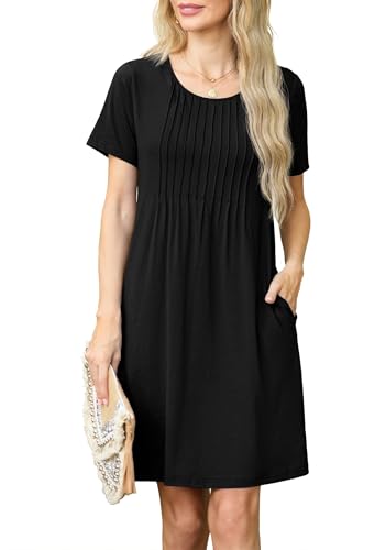 GRECERELLE Sommerkleid Damen Kurzarm Rundhals Elegant Etuikleider Lässige Minikleid Kleid Dresses Leichte Kurze Freizeitkleid Strandkleid mit Taschen (Schwarz, L) von GRECERELLE