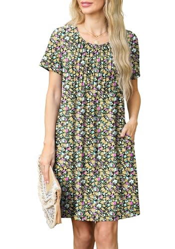 GRECERELLE Sommerkleid Damen Kurzarm Rundhals Elegant Etuikleider Lässige Minikleid Kleid Dresses Leichte Kurze Freizeitkleid Strandkleid mit Taschen (Schwarz mit gelber Blume, L) von GRECERELLE