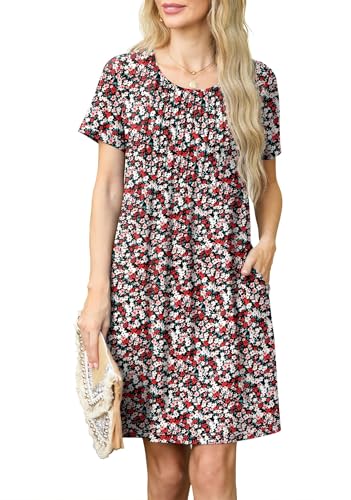 GRECERELLE Sommerkleid Damen Kurzarm Rundhals Elegant Etuikleider Lässige Minikleid Kleid Dresses Leichte Kurze Freizeitkleid Strandkleid mit Taschen (Schwarz mit roter Blume, M) von GRECERELLE