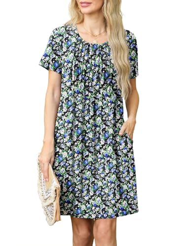 GRECERELLE Sommerkleid Damen Kurzarm Rundhals Elegant Etuikleider Lässige Minikleid Kleid Dresses Leichte Kurze Freizeitkleid Strandkleid mit Taschen (Schwarz mit weißer Rose, L) von GRECERELLE